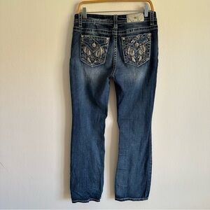 Vintage Y2K Miss Me Jeans Boot Cut Mid Rise Grunge Punk Feather Embroidered Blue